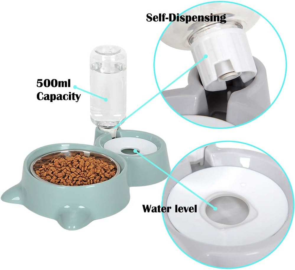 Dog Cat Double Bowls Automatic Cat Feeder and Water Dispenser, Pet Food and Water Feeder Bowls with Automatic Water Bottle for Small Large Dog Pets Puppy Kitten Rabbit (Green)