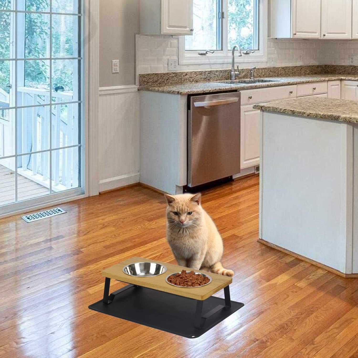 Raised Pet Bowls for Cats and Puppy, Walnut Wood Elevated Dog Cat Food and Water Bowls Stand Feeder with 2 Stainless Steel Bowls and anti Slip Mat (Small)
