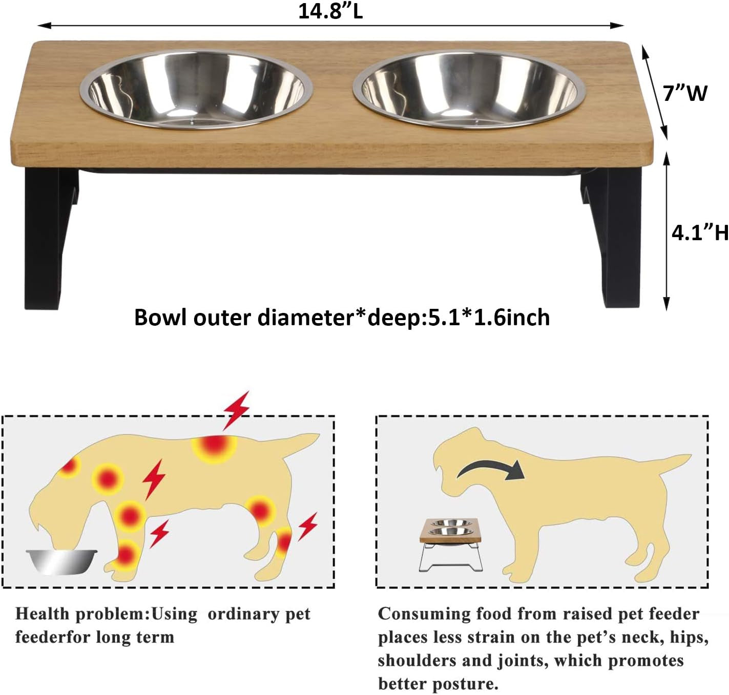 Raised Pet Bowls for Cats and Puppy, Walnut Wood Elevated Dog Cat Food and Water Bowls Stand Feeder with 2 Stainless Steel Bowls and anti Slip Mat (Small)