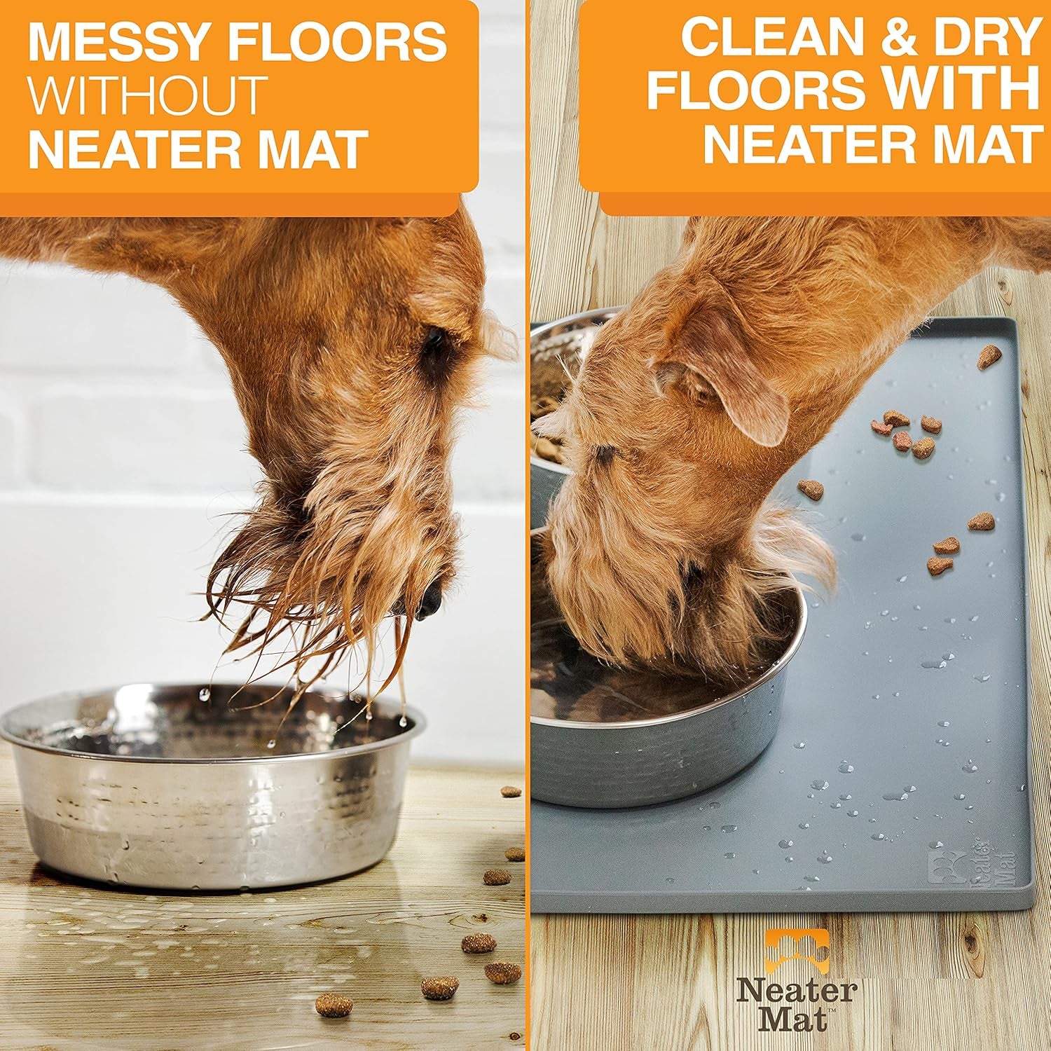 Neater Mat Pet Mats for Food and Water, Cat & Dog Bowl Mat Waterproof Silicone, Feeding Tray, Dog Food Mats for Floors, Placemat W/Raised Edge for under Bowls, 24" X 16", Grey