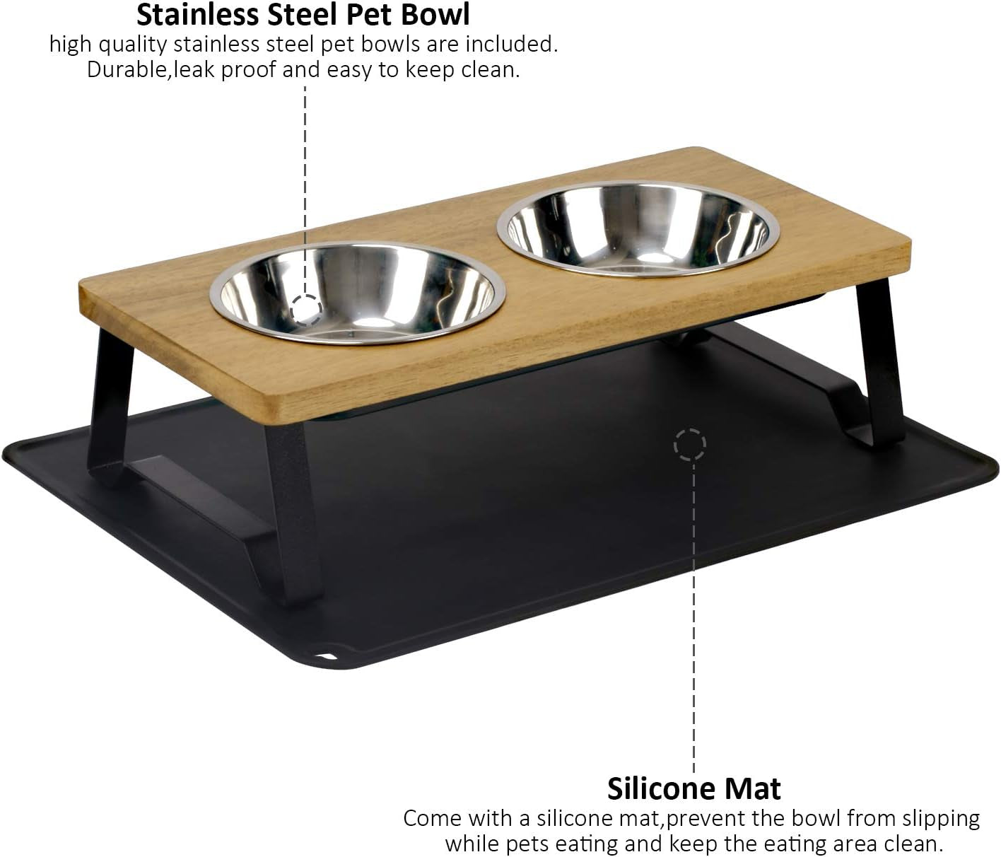 Raised Pet Bowls for Cats and Puppy, Walnut Wood Elevated Dog Cat Food and Water Bowls Stand Feeder with 2 Stainless Steel Bowls and anti Slip Mat (Small)