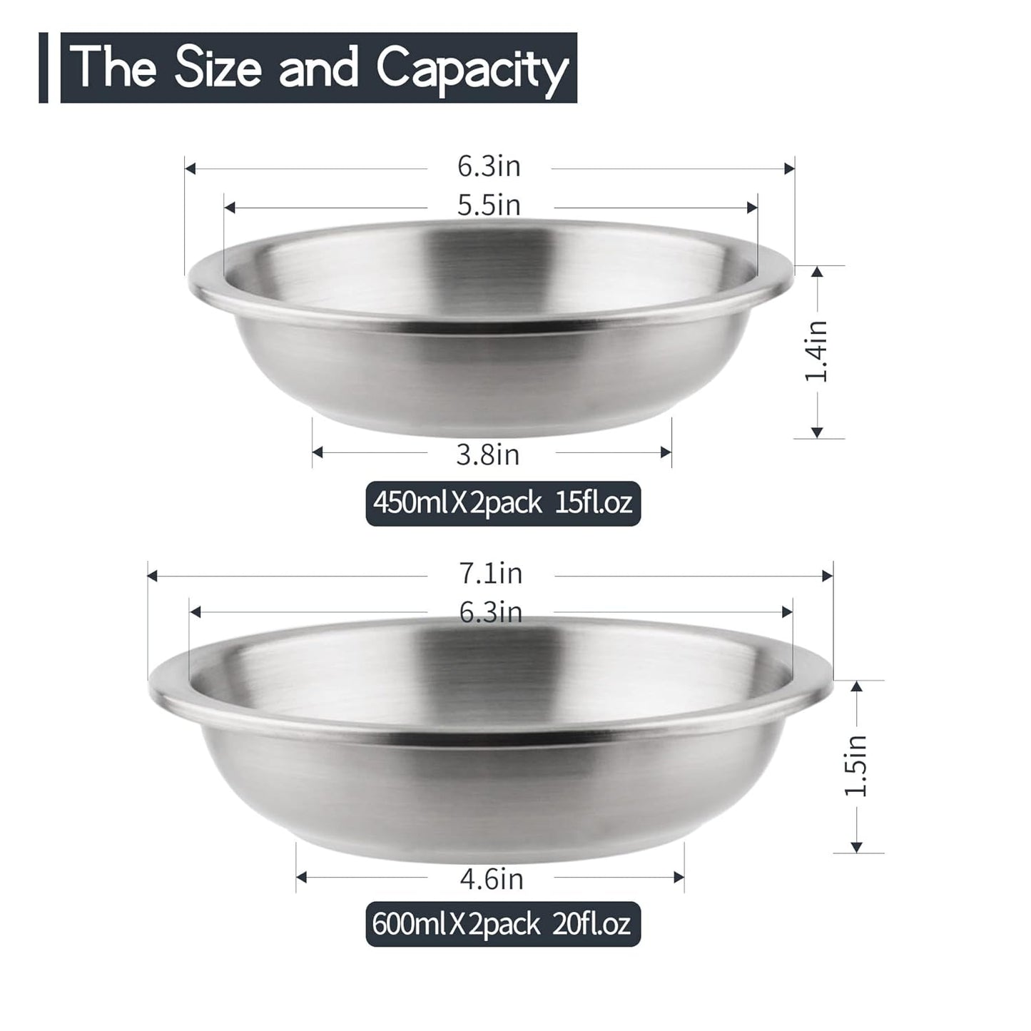 Cat Dishes Food Bowls,Stainless Steel Pet Food & Water Bowls Set for Dogs and Cats,Feeding and Watering Dish Bowl for Kitten Puppy (2 Pcs, 6.3 Inch)