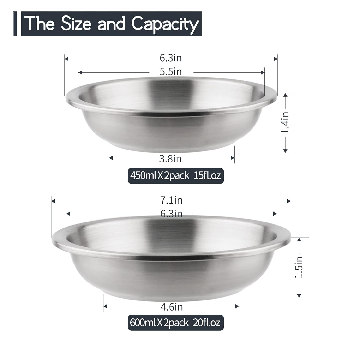 Cat Dishes Food Bowls,Stainless Steel Pet Food & Water Bowls Set for Dogs and Cats,Feeding and Watering Dish Bowl for Kitten Puppy (2 Pcs, 6.3 Inch)
