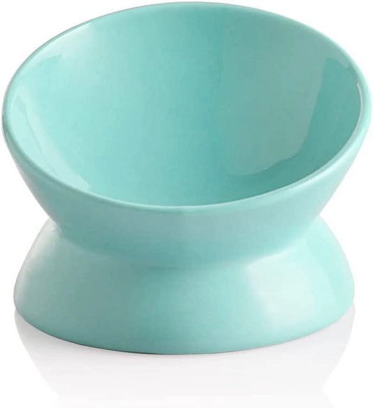 Ceramic Raised Cat Bowls, Slanted Cat Dish Food or Water Bowls, Elevated Porcelain Pet Feeder Bowl,Turquoise