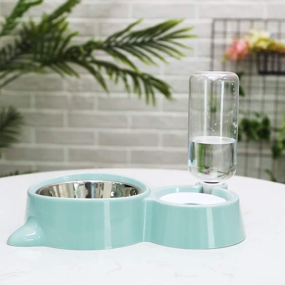 Dog Cat Double Bowls Automatic Cat Feeder and Water Dispenser, Pet Food and Water Feeder Bowls with Automatic Water Bottle for Small Large Dog Pets Puppy Kitten Rabbit (Green)
