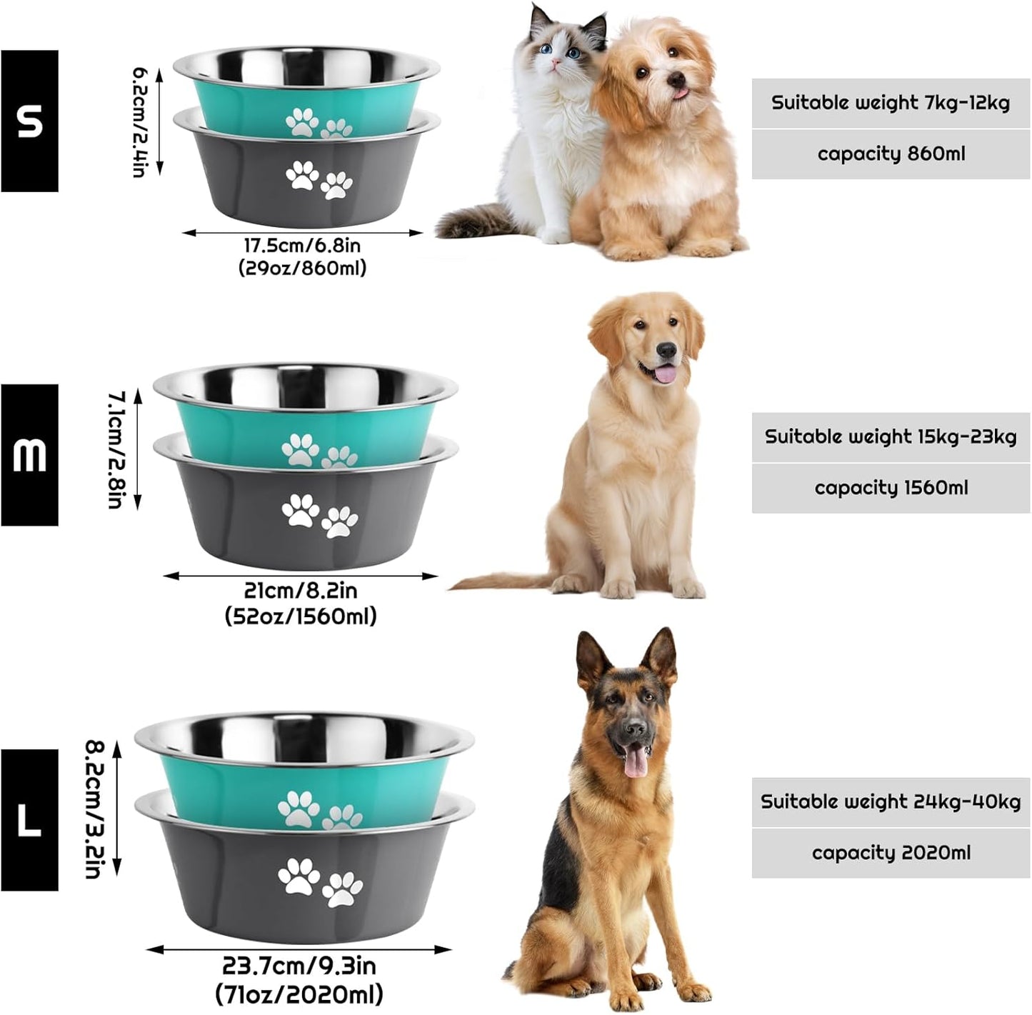 Stainless Steel Dog Bowls 2 Pack Medium Large Dogs Feeding Food Water Bowl with Non-Slip Silicone Sole, Stainless Steel Dog Dishes Elevated Raised Pet Feeder (Green+Grey, L(6.6 Cups))
