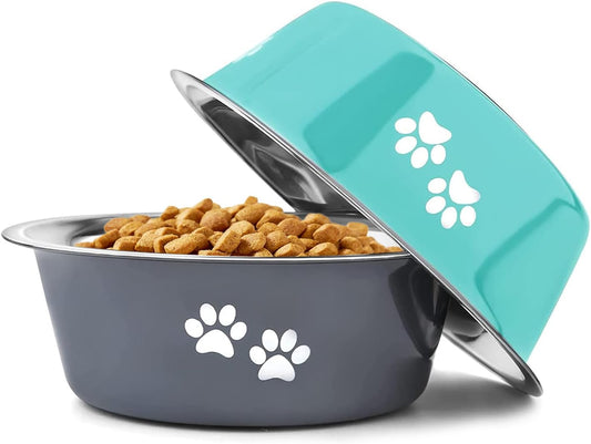Stainless Steel Dog Bowls 2 Pack Medium Large Dogs Feeding Food Water Bowl with Non-Slip Silicone Sole, Stainless Steel Dog Dishes Elevated Raised Pet Feeder (Green+Grey, L(6.6 Cups))