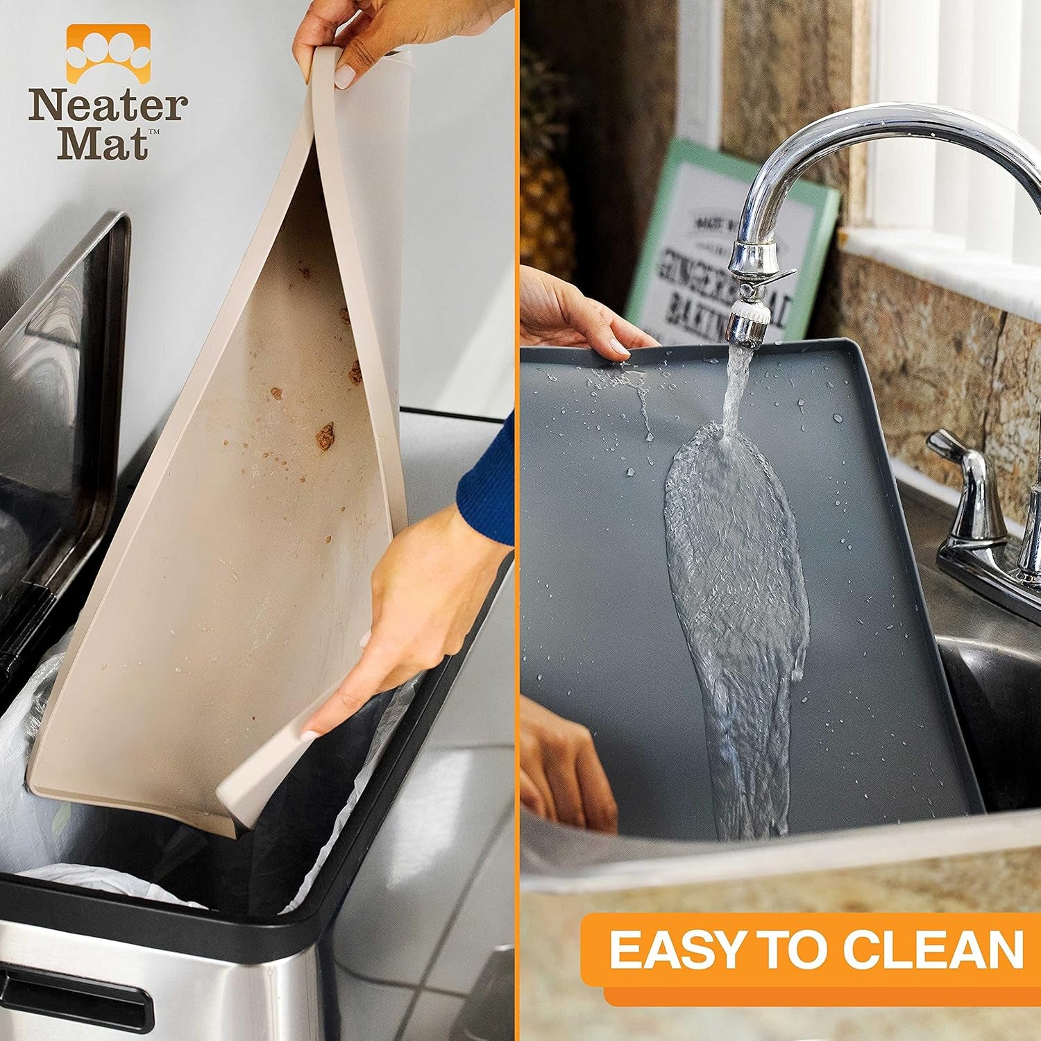 Neater Mat Pet Mats for Food and Water, Cat & Dog Bowl Mat Waterproof Silicone, Feeding Tray, Dog Food Mats for Floors, Placemat W/Raised Edge for under Bowls, 24" X 16", Grey