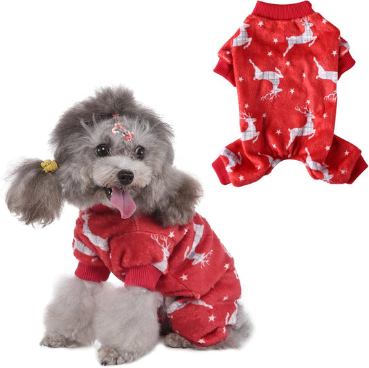 Dog Christmas Pajamas, Pet Lovely Reindeer Pajamas for Small Medium Dogs, Xmas Holiday Doggie Pajamas Warm and Cozy Puppy Jumpsuit Red (L)