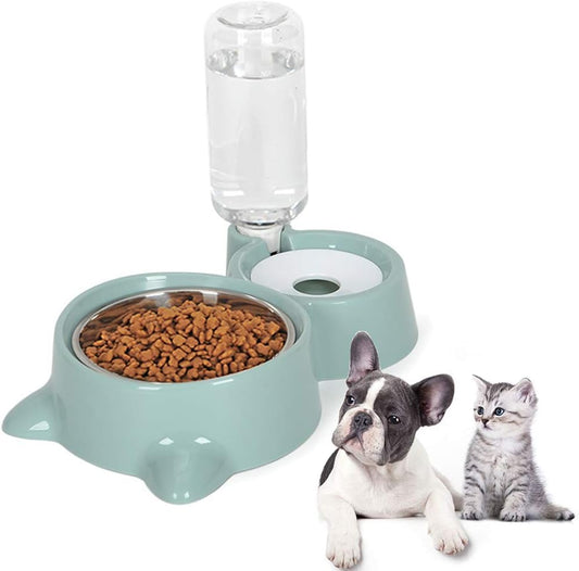 Dog Cat Double Bowls Automatic Cat Feeder and Water Dispenser, Pet Food and Water Feeder Bowls with Automatic Water Bottle for Small Large Dog Pets Puppy Kitten Rabbit (Green)