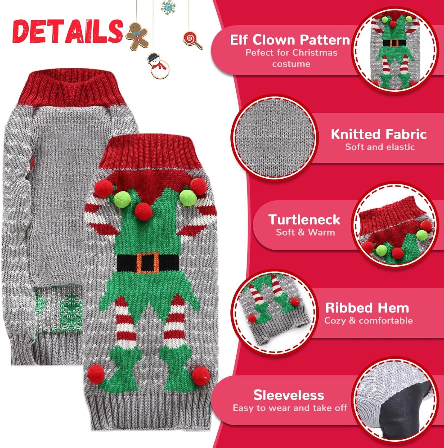 Dog Cat Ugly Christmas Sweater Boy Girl Xmas Pet Clothes Holiday Puppy Costume New Year Gifts for Small Medium Large Dogs Outfits (XS, Grey Elf)