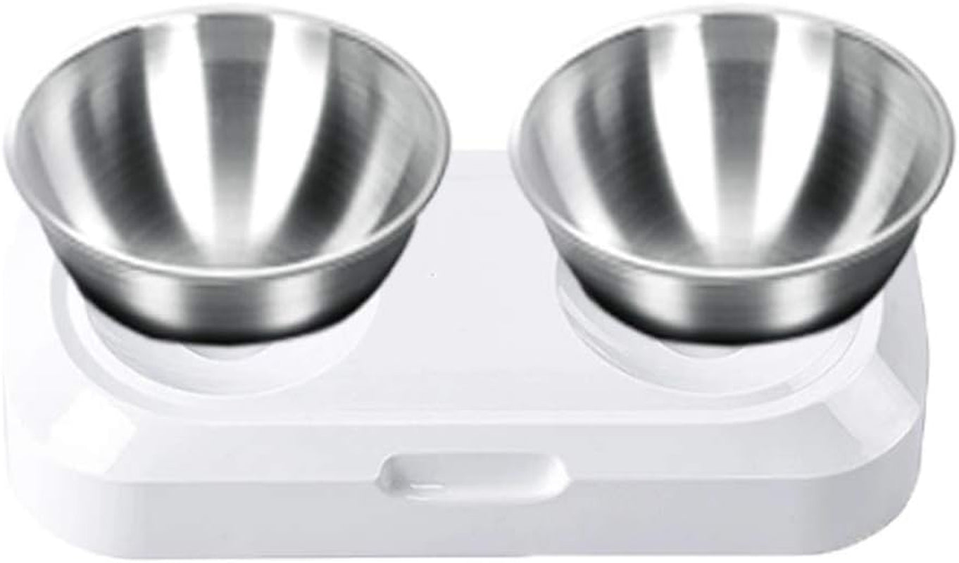 Elevated Cat Bowls with Stainless Steel Bowls, 15° Tilted Raised Cat Food and Water Bowls, Nonslip No Spill Pet Feeding Bowls for Cat and Small Dogs(White, Double Bowls)