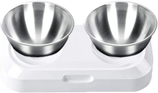 Elevated Cat Bowls with Stainless Steel Bowls, 15° Tilted Raised Cat Food and Water Bowls, Nonslip No Spill Pet Feeding Bowls for Cat and Small Dogs(White, Double Bowls)