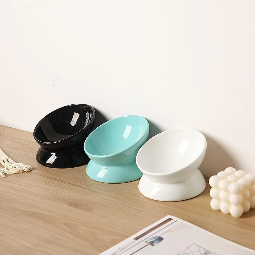 Ceramic Raised Cat Bowls, Slanted Cat Dish Food or Water Bowls, Elevated Porcelain Pet Feeder Bowl,White