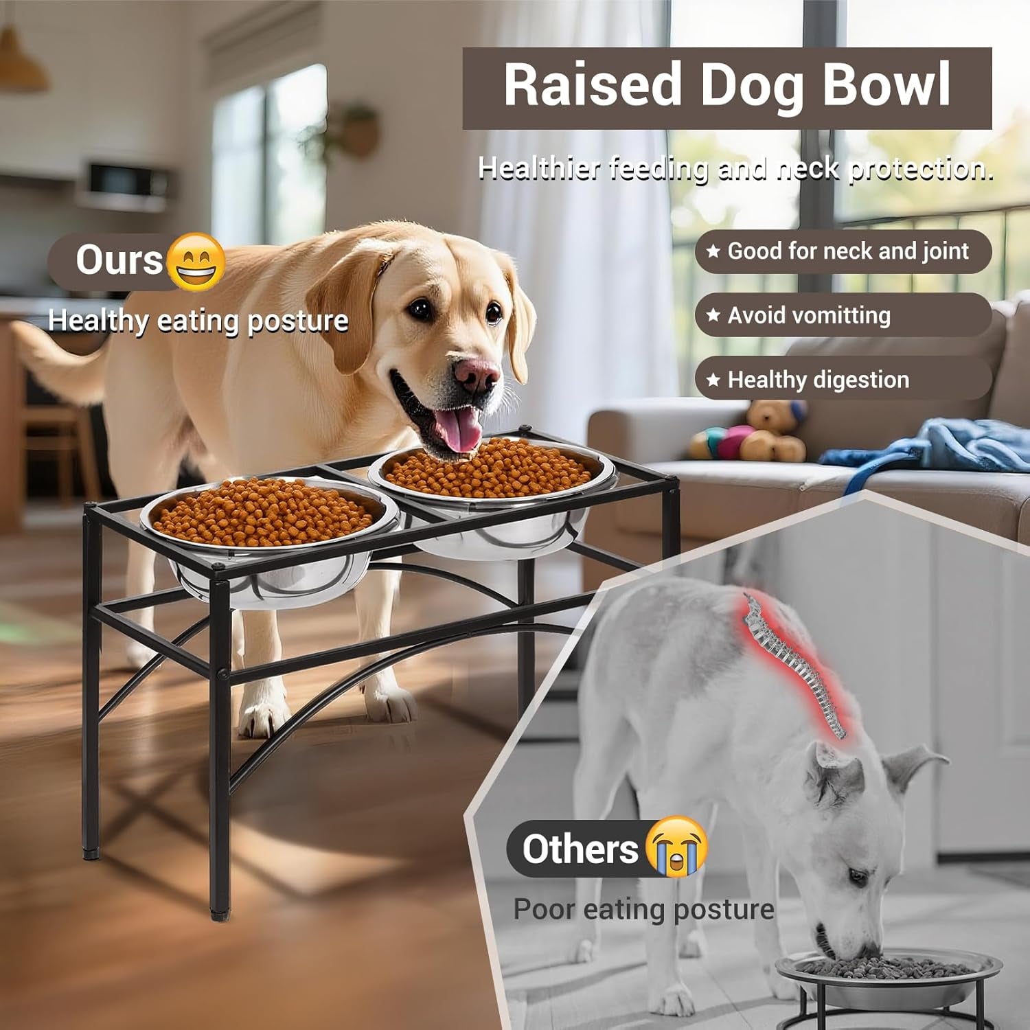 Elevated Dog Bowls Raised Pet Feeder Cat Food & Water Diner Stand Set W/ 2 Removable Stainless Steel Bowls (2 Quarts/13.77" in Height)