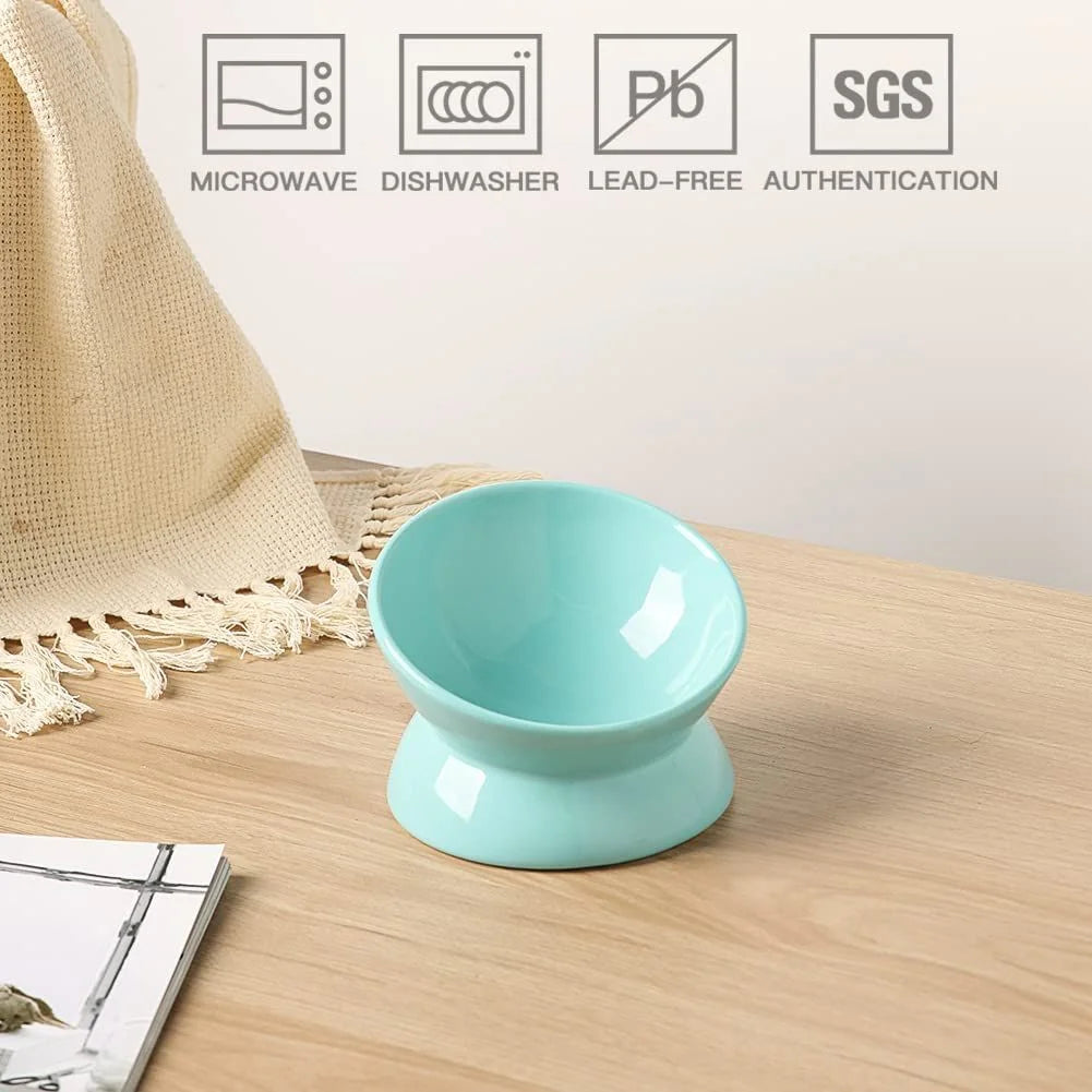Ceramic Raised Cat Bowls, Slanted Cat Dish Food or Water Bowls, Elevated Porcelain Pet Feeder Bowl,Turquoise