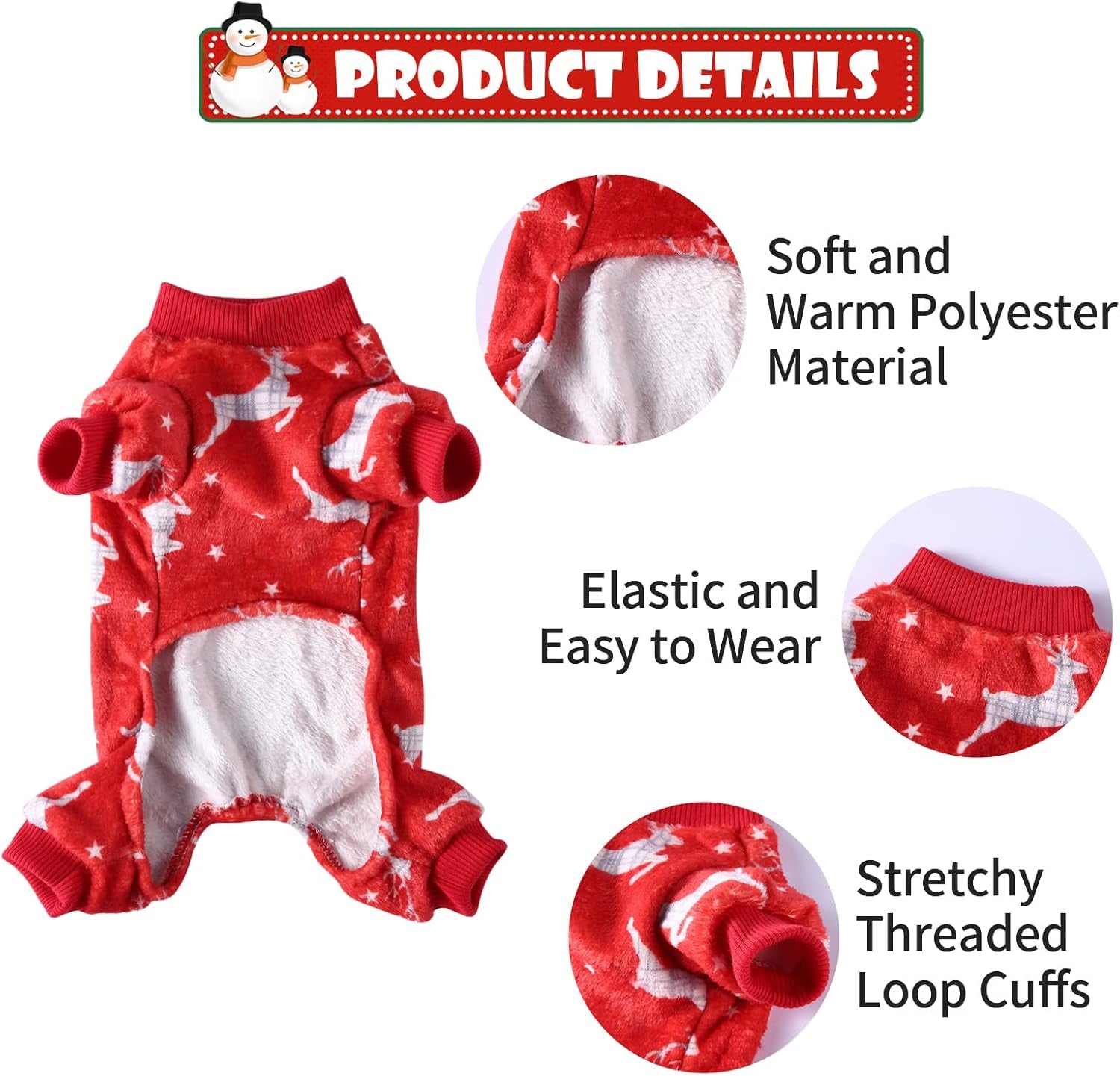 Dog Christmas Pajamas, Pet Lovely Reindeer Pajamas for Small Medium Dogs, Xmas Holiday Doggie Pajamas Warm and Cozy Puppy Jumpsuit Red (L)