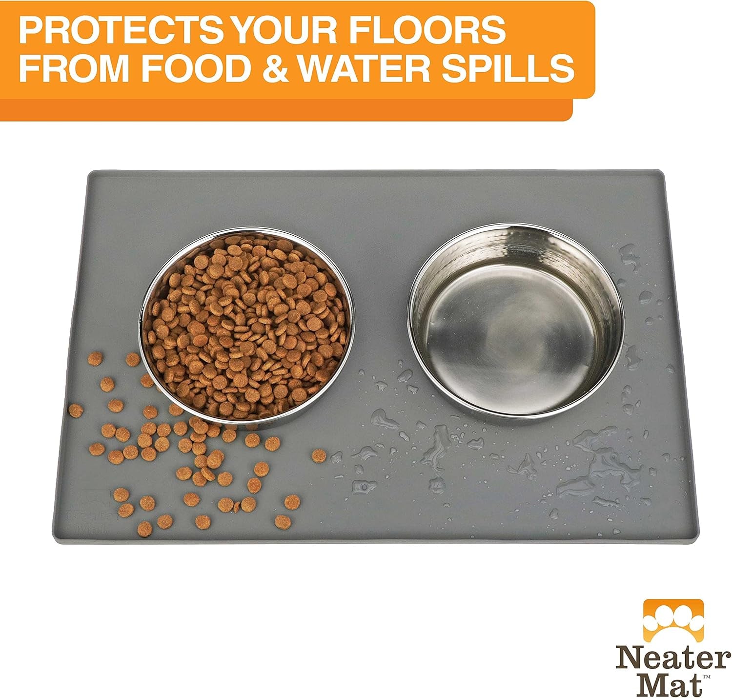 Neater Mat Pet Mats for Food and Water, Cat & Dog Bowl Mat Waterproof Silicone, Feeding Tray, Dog Food Mats for Floors, Placemat W/Raised Edge for under Bowls, 24" X 16", Grey