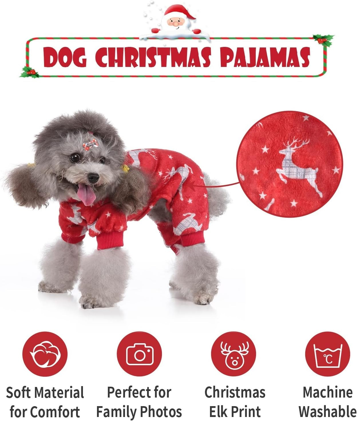 Dog Christmas Pajamas, Pet Lovely Reindeer Pajamas for Small Medium Dogs, Xmas Holiday Doggie Pajamas Warm and Cozy Puppy Jumpsuit Red (L)