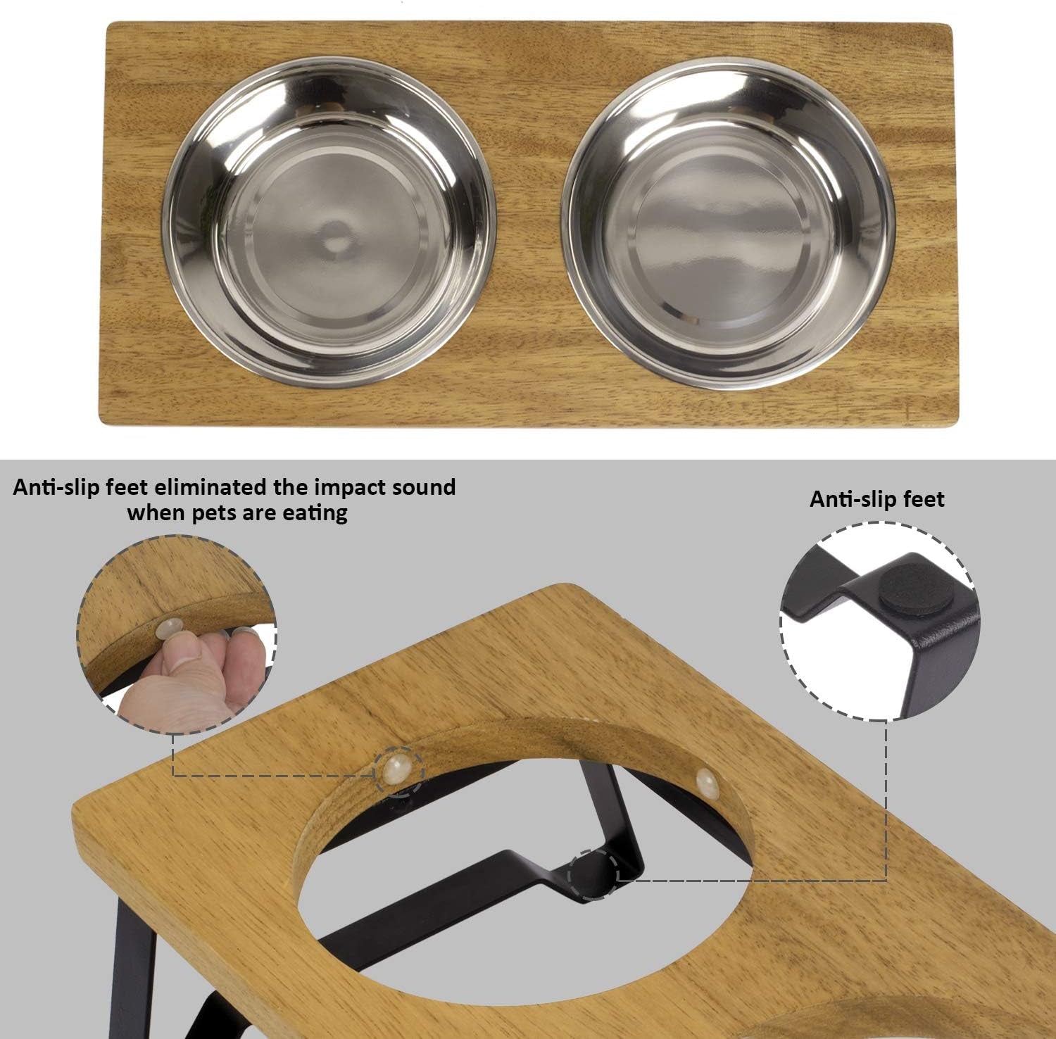 Raised Pet Bowls for Cats and Puppy, Walnut Wood Elevated Dog Cat Food and Water Bowls Stand Feeder with 2 Stainless Steel Bowls and anti Slip Mat (Small)