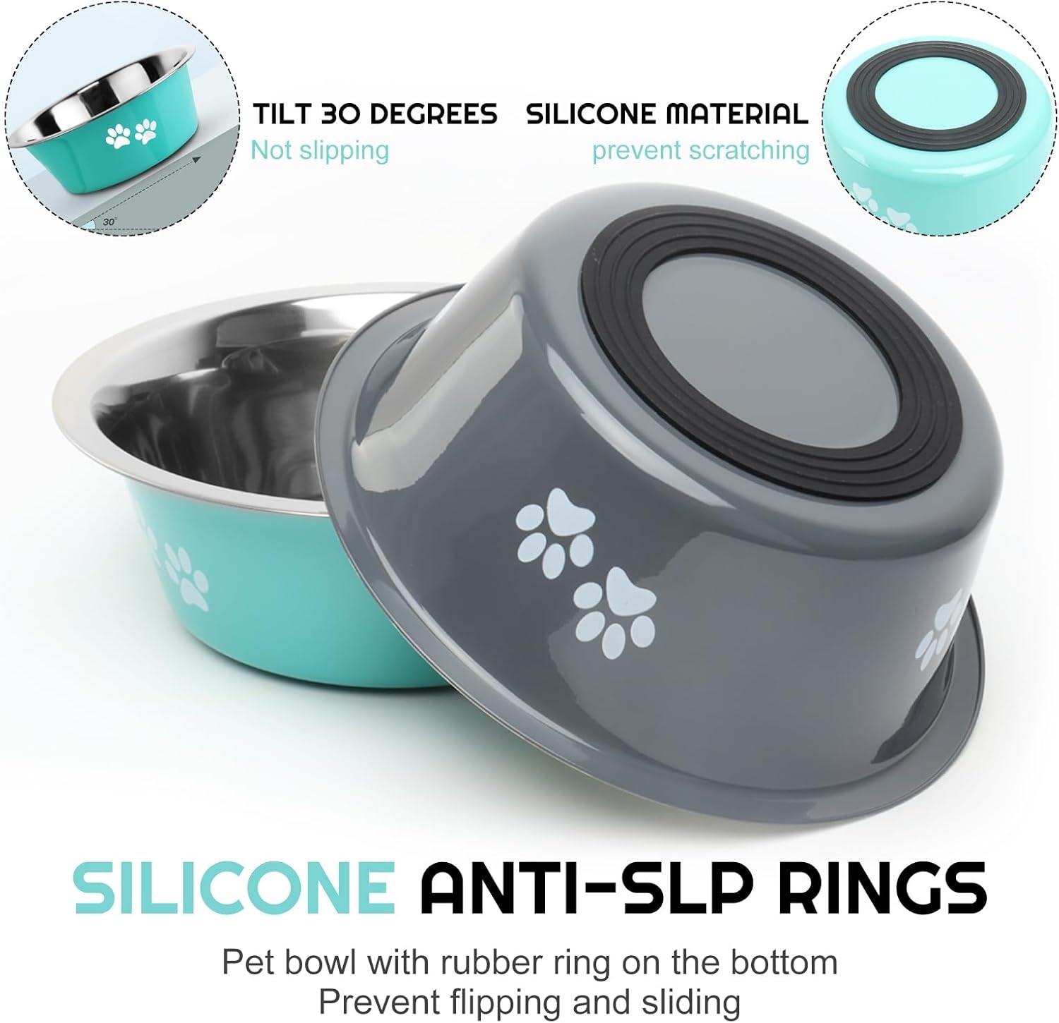 Stainless Steel Dog Bowls 2 Pack Medium Large Dogs Feeding Food Water Bowl with Non-Slip Silicone Sole, Stainless Steel Dog Dishes Elevated Raised Pet Feeder (Green+Grey, L(6.6 Cups))