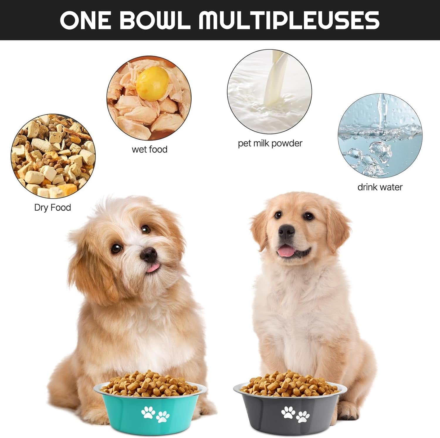 Stainless Steel Dog Bowls 2 Pack Medium Large Dogs Feeding Food Water Bowl with Non-Slip Silicone Sole, Stainless Steel Dog Dishes Elevated Raised Pet Feeder (Green+Grey, L(6.6 Cups))
