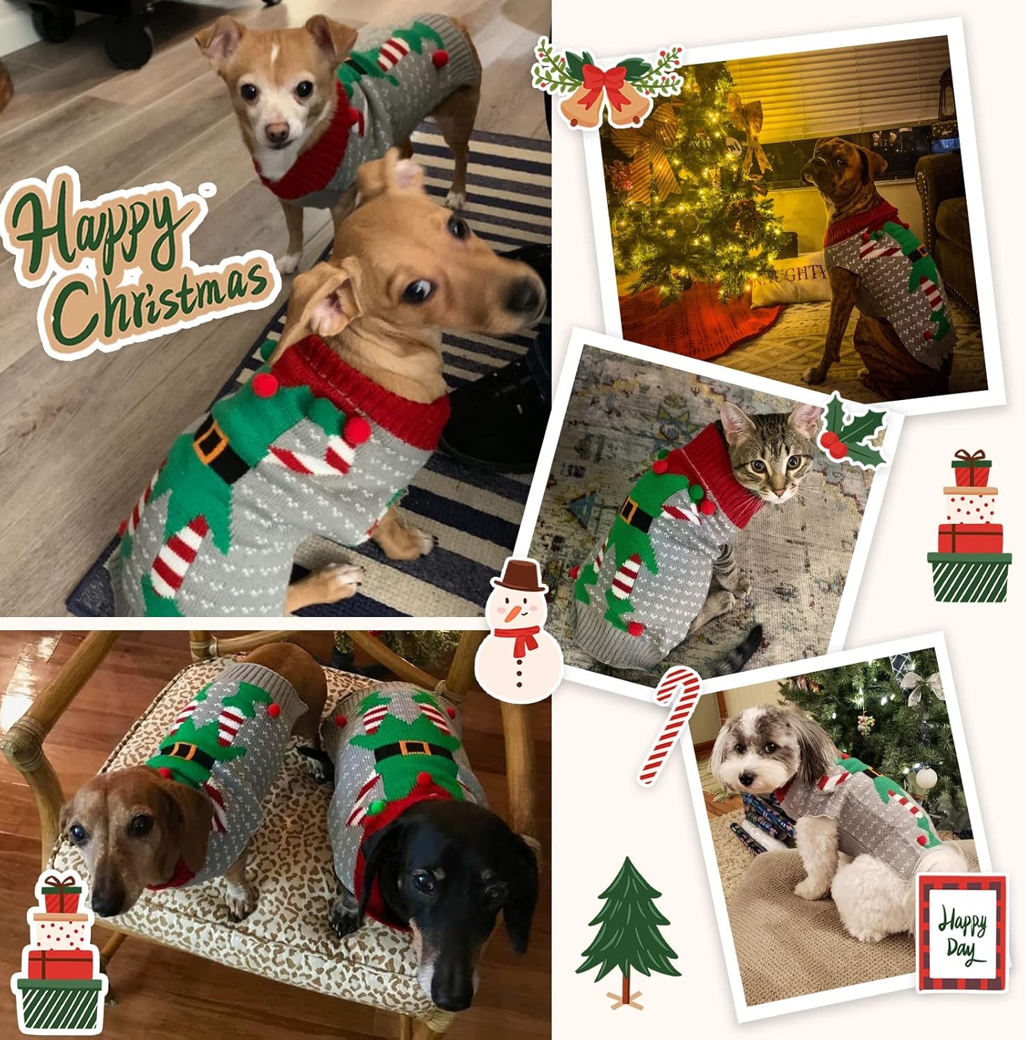 Dog Cat Ugly Christmas Sweater Boy Girl Xmas Pet Clothes Holiday Puppy Costume New Year Gifts for Small Medium Large Dogs Outfits (XS, Grey Elf)