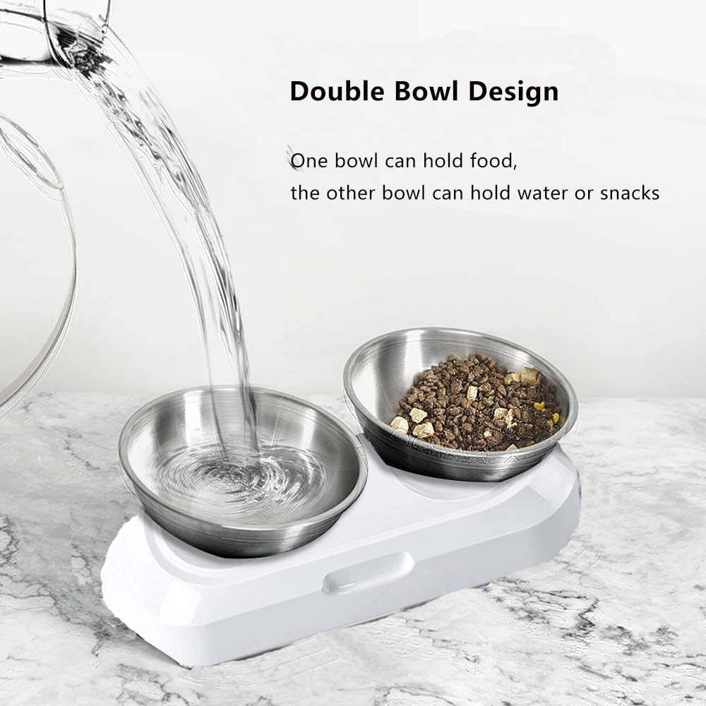 Elevated Cat Bowls with Stainless Steel Bowls, 15° Tilted Raised Cat Food and Water Bowls, Nonslip No Spill Pet Feeding Bowls for Cat and Small Dogs(White, Double Bowls)