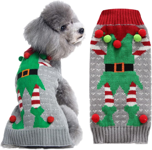 Dog Cat Ugly Christmas Sweater Boy Girl Xmas Pet Clothes Holiday Puppy Costume New Year Gifts for Small Medium Large Dogs Outfits (XS, Grey Elf)