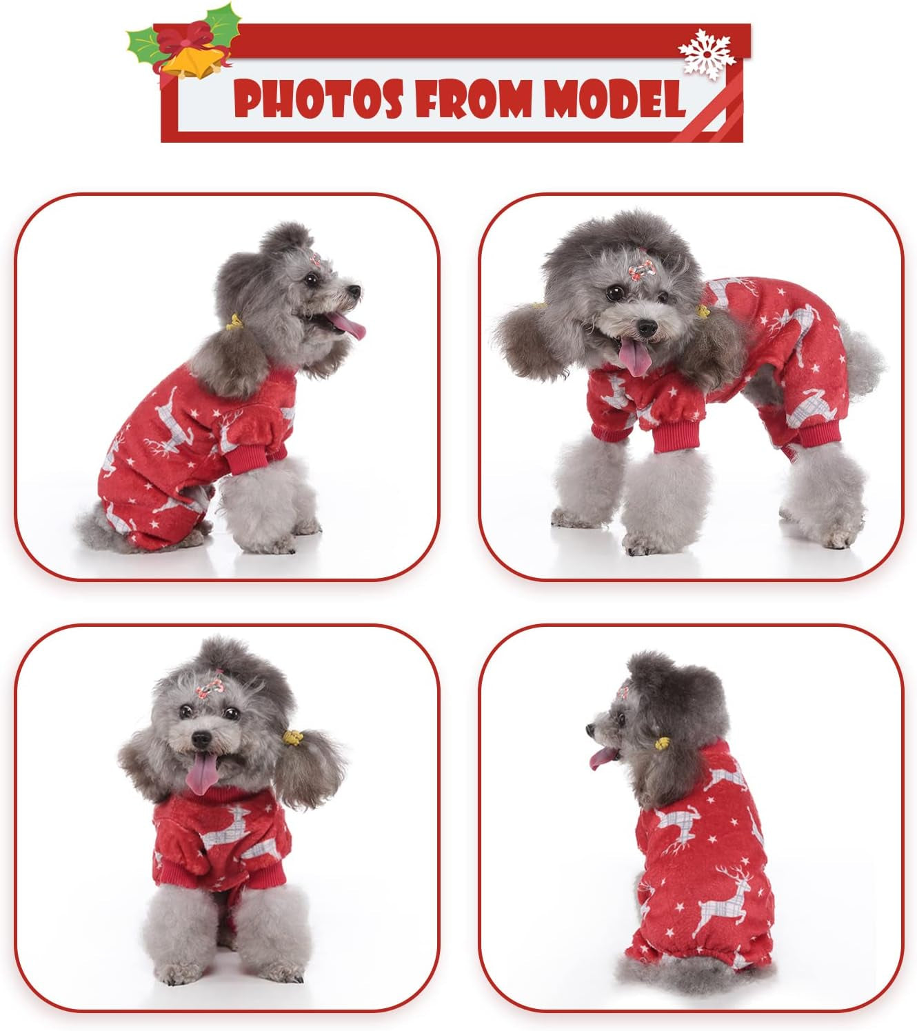 Dog Christmas Pajamas, Pet Lovely Reindeer Pajamas for Small Medium Dogs, Xmas Holiday Doggie Pajamas Warm and Cozy Puppy Jumpsuit Red (L)