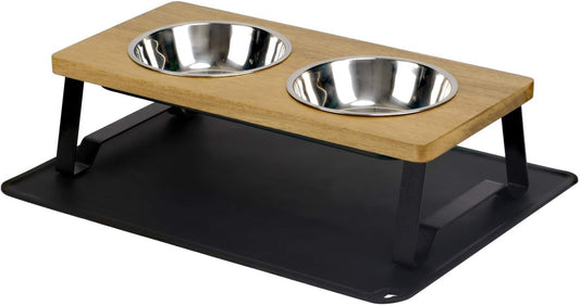 Raised Pet Bowls for Cats and Puppy, Walnut Wood Elevated Dog Cat Food and Water Bowls Stand Feeder with 2 Stainless Steel Bowls and anti Slip Mat (Small)