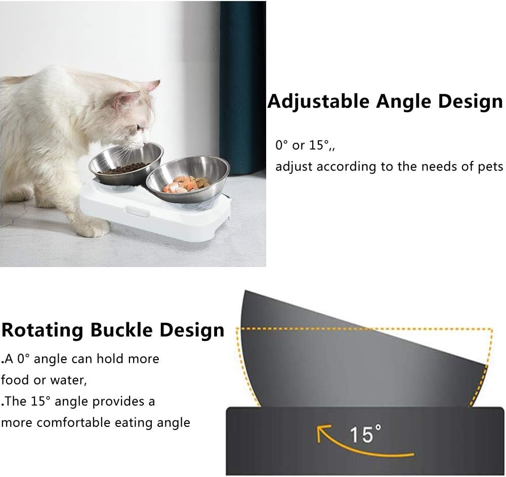 Elevated Cat Bowls with Stainless Steel Bowls, 15° Tilted Raised Cat Food and Water Bowls, Nonslip No Spill Pet Feeding Bowls for Cat and Small Dogs(White, Double Bowls)