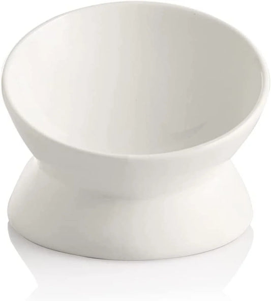 Ceramic Raised Cat Bowls, Slanted Cat Dish Food or Water Bowls, Elevated Porcelain Pet Feeder Bowl,White