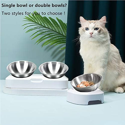 Elevated Cat Bowls with Stainless Steel Bowls, 15° Tilted Raised Cat Food and Water Bowls, Nonslip No Spill Pet Feeding Bowls for Cat and Small Dogs(White, Double Bowls)
